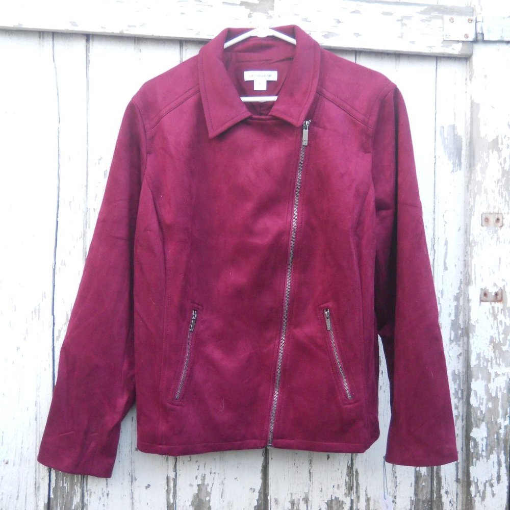 Liz Claiborne Moto Jacket, Women's 1X, Burgundy Faux Suede